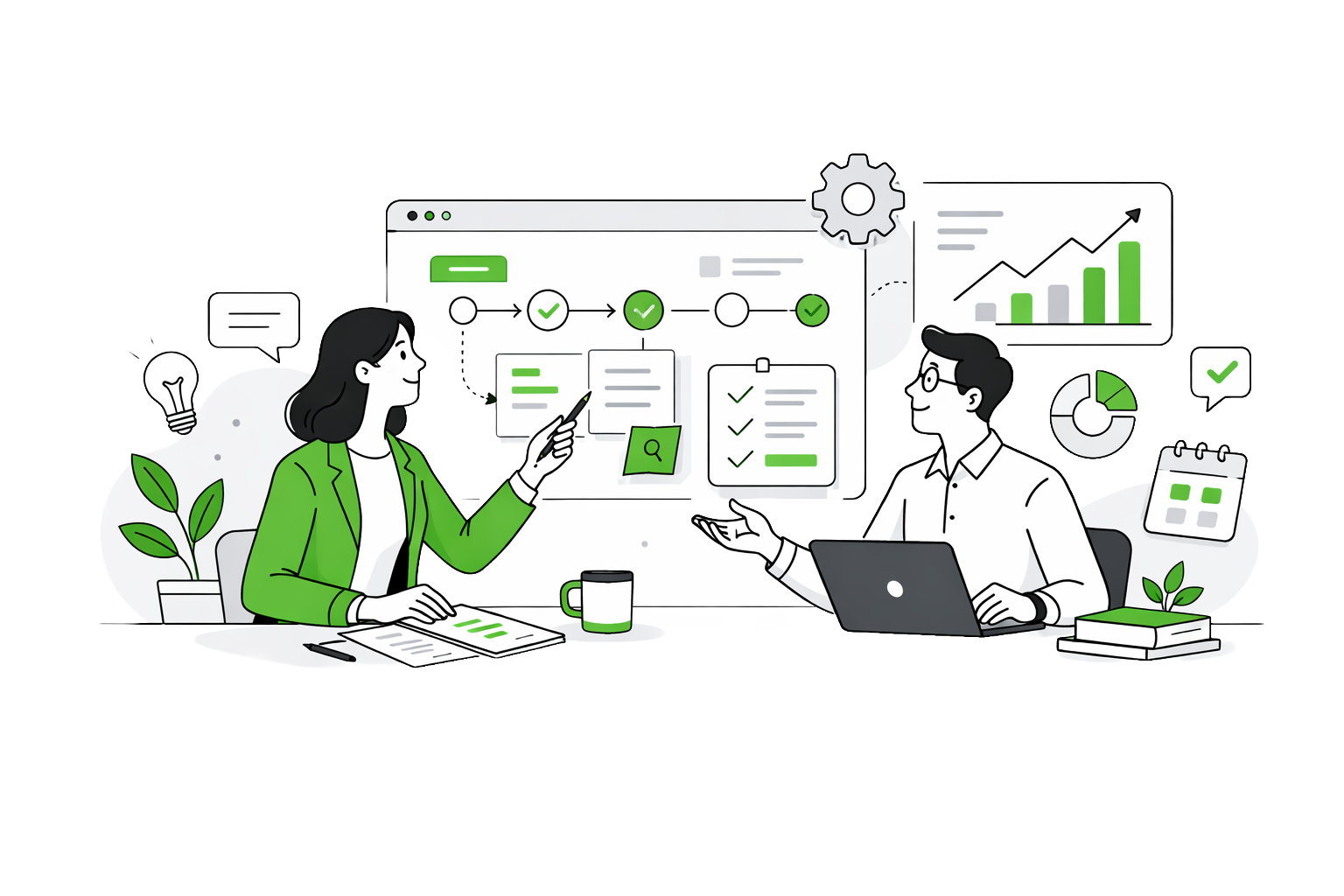 Illustration of consultants working through a plan together.