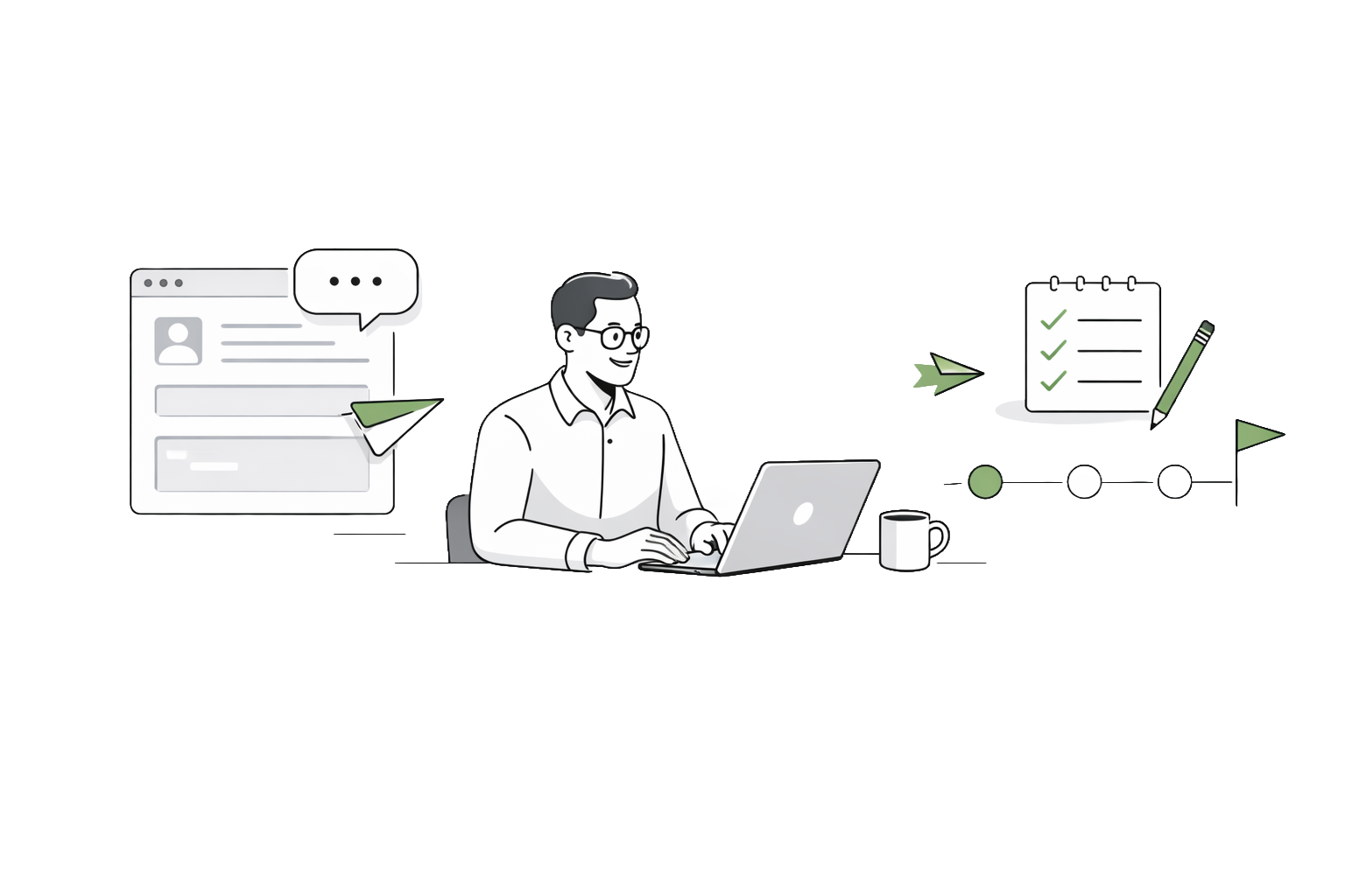 Illustration of consultants reviewing an inquiry and mapping next steps.