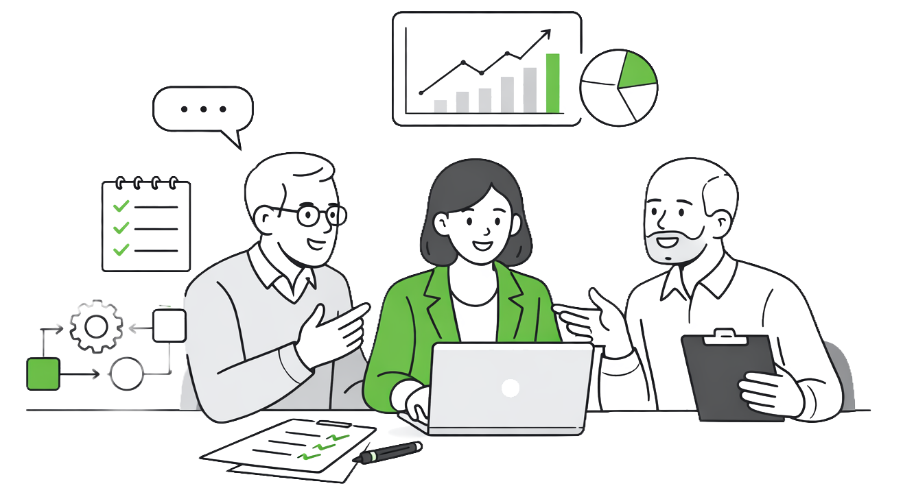 Illustration of consultants working together around charts and planning tools.