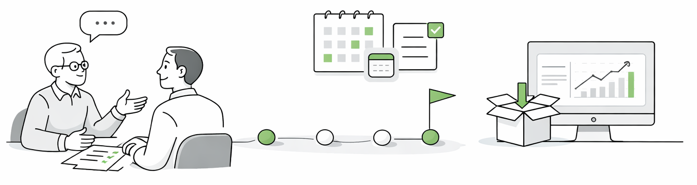 Line-art illustration showing the steps of a simple consulting process.