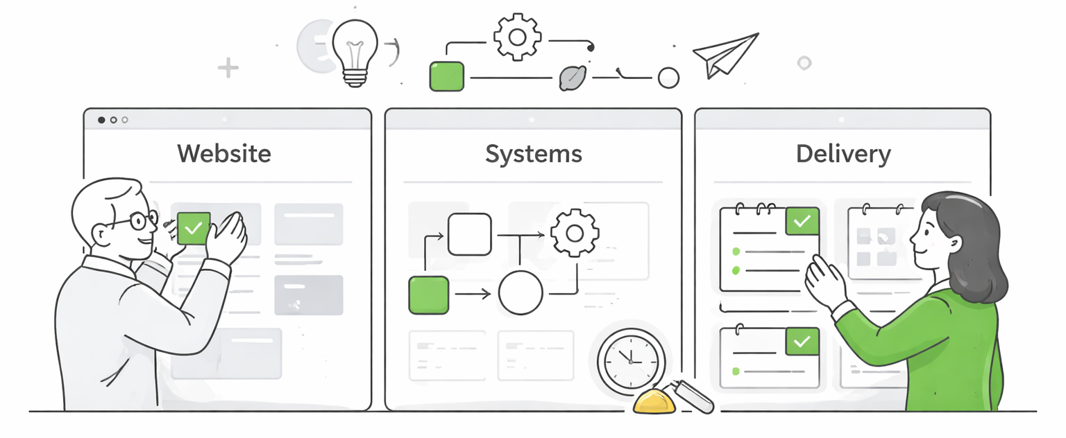 Illustration showing website, systems, and delivery workflow.
